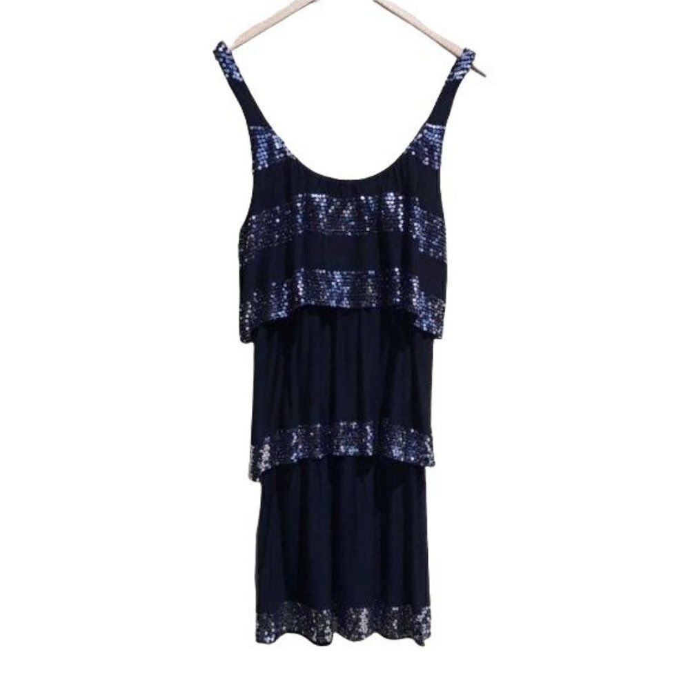 32 Flavors Dress Flapper Sequined Striped Tiered‎ Sleeveless Mini Black Sz XS - Picture 2 of 8